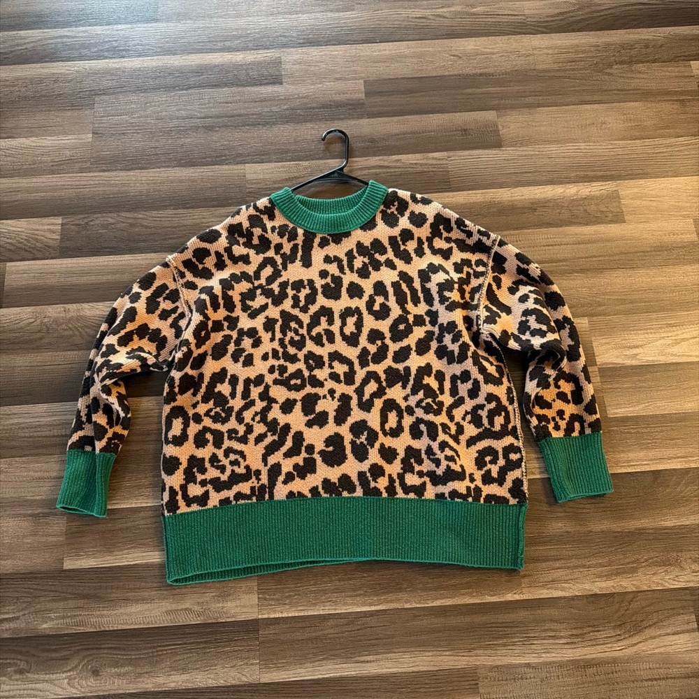 aerie Leopard-Print Knit Sweater with Green Ribbed Collar